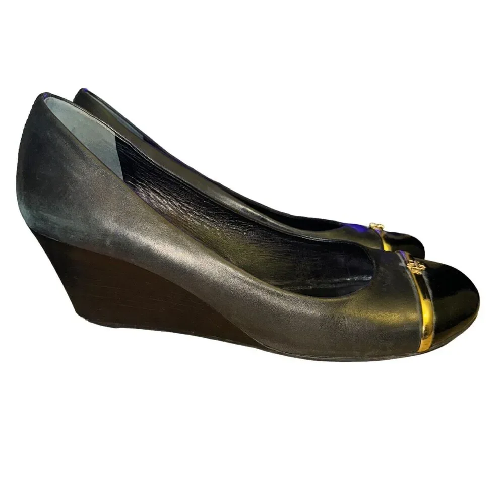 Tory Burch Pacey Wedge Heels Women's 10.5 M Black Leather Patent Cap Toe Shoes